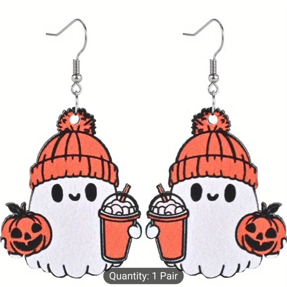 25. Chic Halloween & Pumpkin Wooden Dangle Earrings Stainless Steel Posts. - Picture 2 of 3